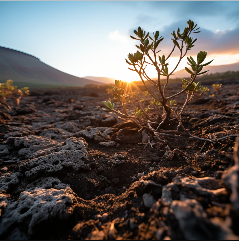 Sunrise over a mountain peak with a flower plant in the foreground. Sunrise over a mountain peak with a flower plant in the foreground.