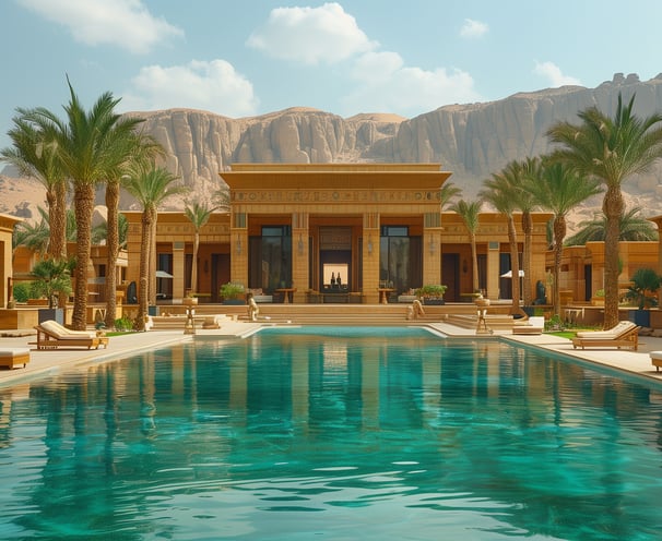a pool with lounge chairs and a mountain in the background in Egypt
