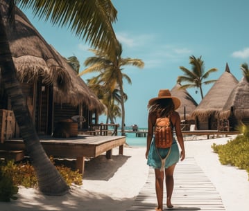 a solo female traveler walking to her beachside cottage in Cancun, Mexio