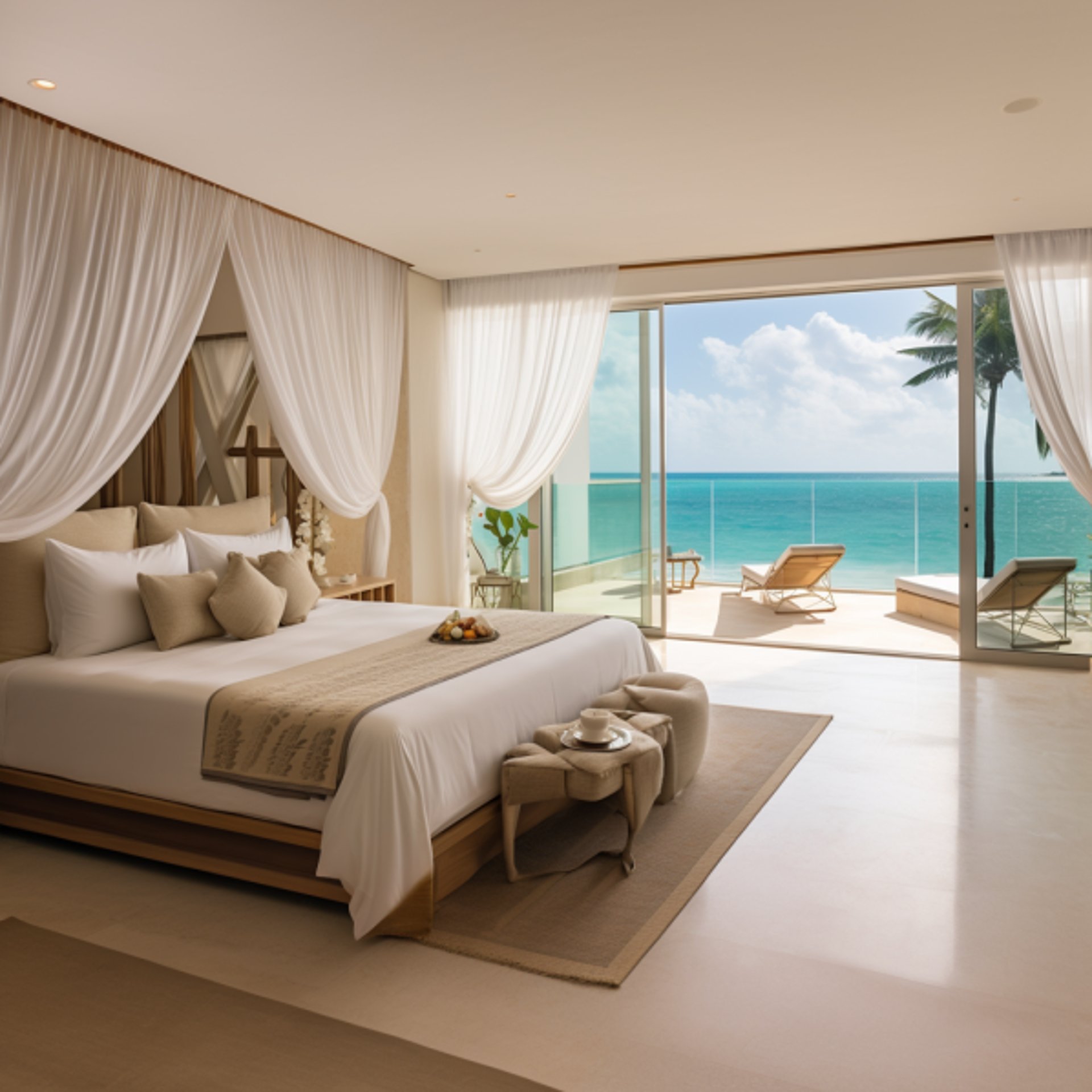 Bedroom with bed and ocean view