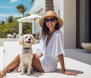 woman sitting with her dog on the patio of her pet-friendly hotel room in Cancun, Mexico