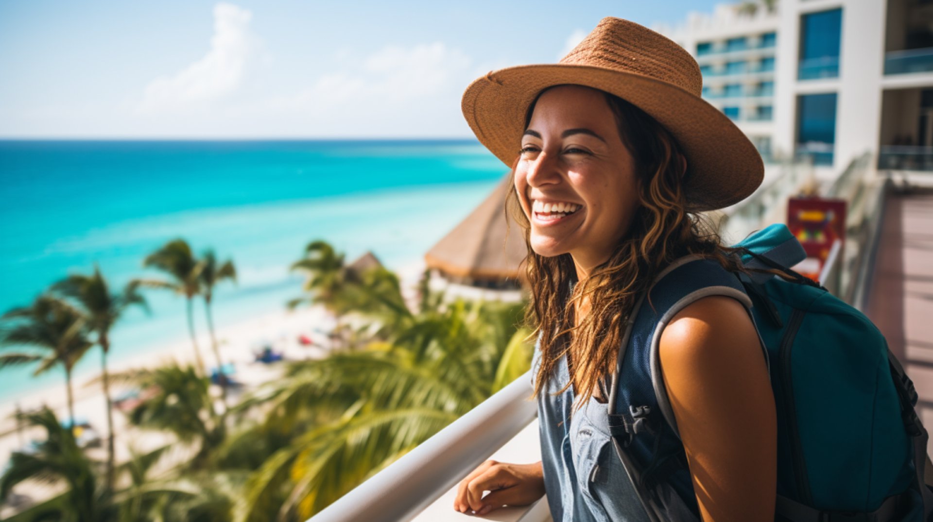 A woman with a hat and backpack smiling at the beach, enjoying the sunny day and the beautiful scenery