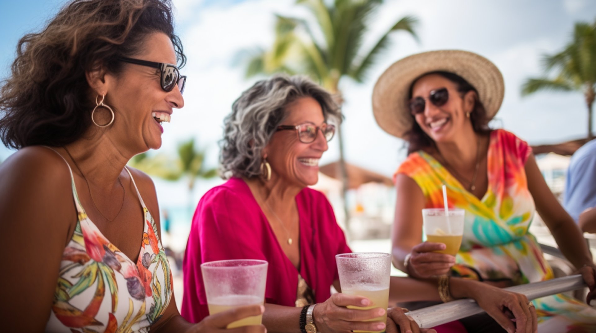 Three women enjoying drinks at a table, engaged in conversation and laughter