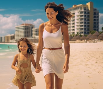 a female traveler with her young daughter walking on the beach in front of their resort in Cancun