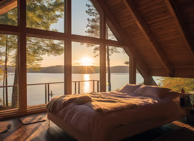 A loft bedroom inside a rental cottage overlooking Balsam Lake in Ontario. A loft bedroom inside a rental cottage overlooking Balsam Lake in Ontario.