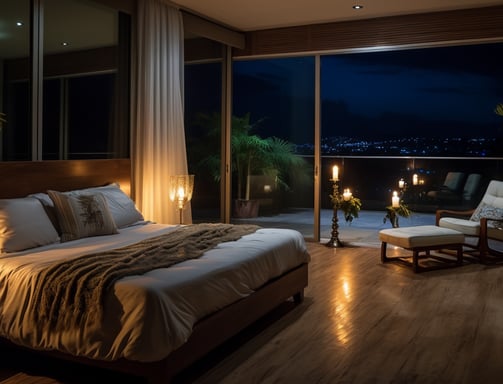 Luxurious bedroom with large windows overlooking a night cityscape and warm interior lighting. Luxurious bedroom with large windows overlooking a night cityscape and warm interior lighting.