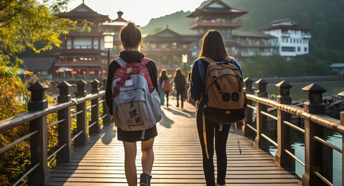Travelers on Bridge to Traditional Buildings in Sunlight Travelers on Bridge to Traditional Buildings in Sunlight