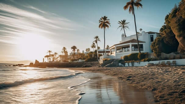 A scenic landscape image of a beach house in Marbella, Spain. A scenic landscape image of a beach house in Marbella, Spain.