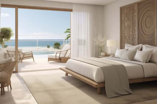 A spacious bedroom with a view facing the beach A spacious bedroom with a view facing the beach