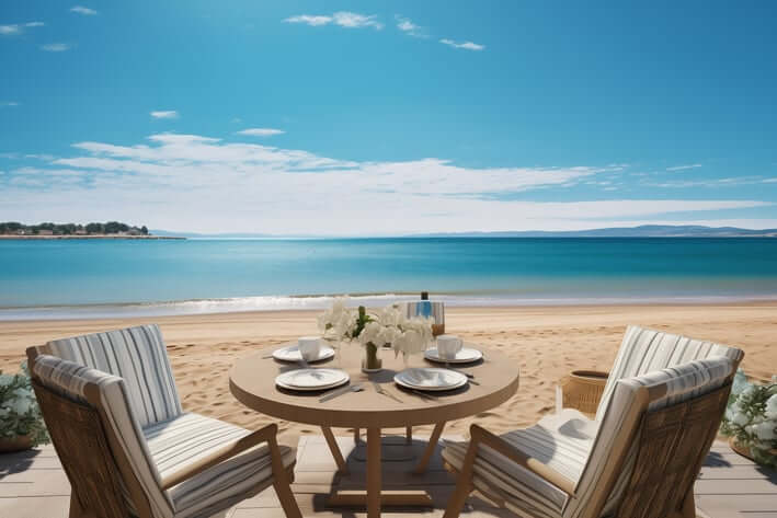 Beachfront table setting on a deck in Marbella, Spain Beachfront table setting on a deck in Marbella, Spain