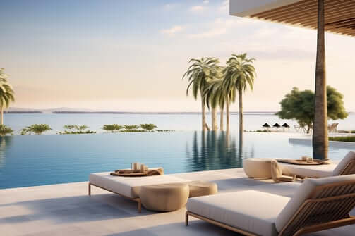 A lounge area with an infinity pool overlooking the beach A lounge area with an infinity pool overlooking the beach