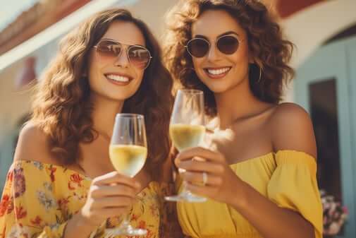 Two women standing next to each other holding glasses. Two women standing next to each other holding glasses.