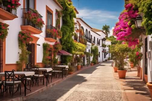 A street in Marbella with tables and chairs. A street in Marbella with tables and chairs.