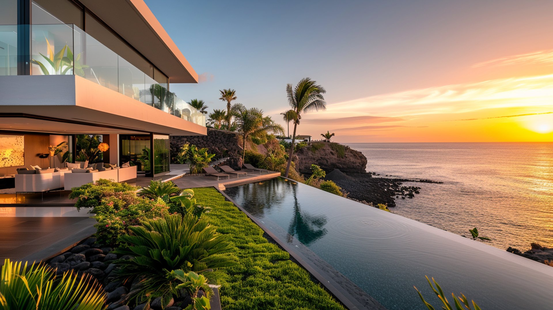 A contemporary home with large windows, perched on a cliff, offering a stunning view of the ocean during sunset.
