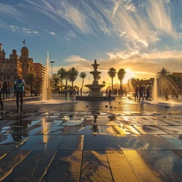 The sun sets behind the fountain in front of the city hall, casting a warm glow over the scene.