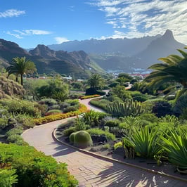 A winding path through lush greenery, leading to a serene garden at the mountain's peak.