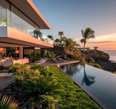 A contemporary home with large windows, perched on a cliff, offering a stunning view of the ocean during sunset. A contemporary home with large windows, perched on a cliff, offering a stunning view of the ocean during sunset.