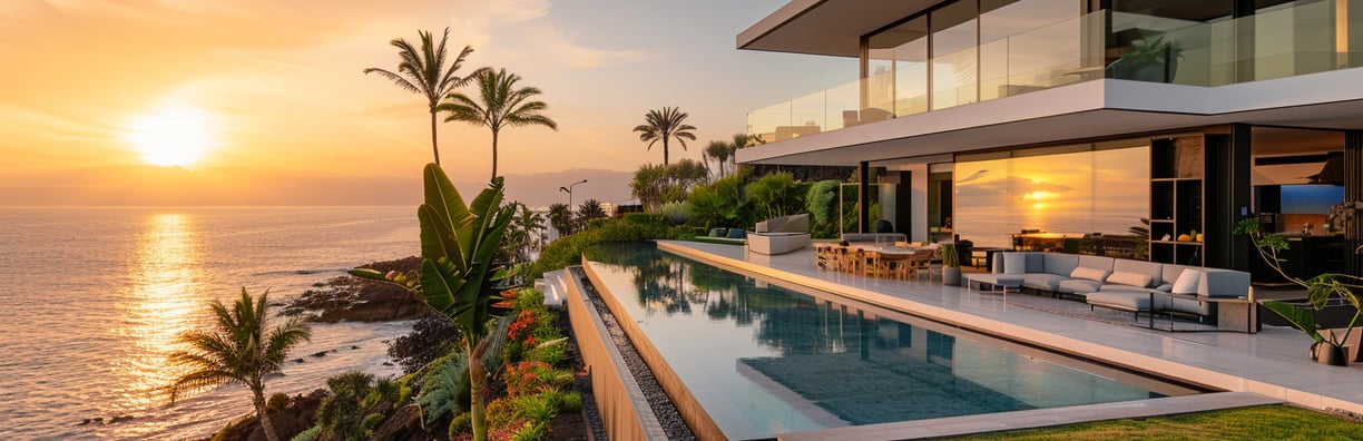 A modern house with large windows and a balcony, overlooking the ocean as the sun sets. A modern house with large windows and a balcony, overlooking the ocean as the sun sets.