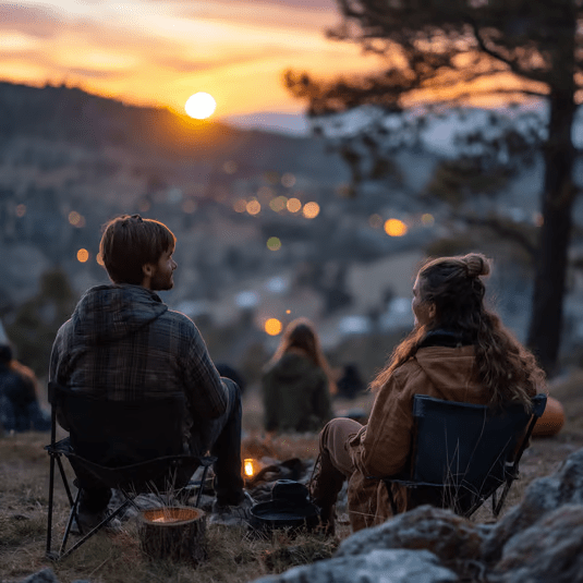 a couple sitting in chairs at sunset waiting for the night sky in Geres
