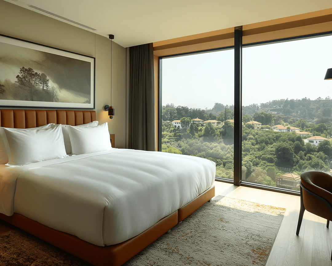 a bedroom with a large bed and a desk with a chair overlooking Geres National Park