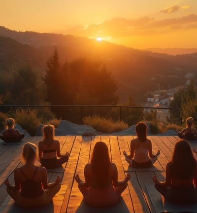 a group of guests doing yoga by the sunset in Geres