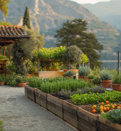 a garden with a view of mountains and a lake in Geres in Geres