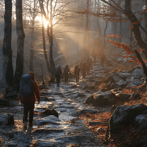 a group of people walking down a path in the Geres National Park