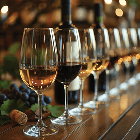 a row of wine glasses for a wine tasting tour in Geres