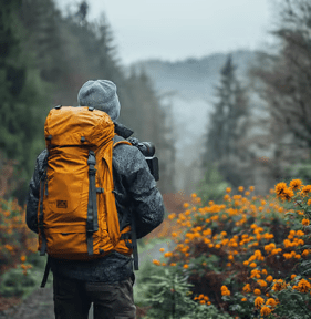 a photographer in Geres with a backpack on