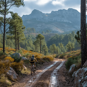 a person riding a mountain bike on a dirt road in Geres National Park
