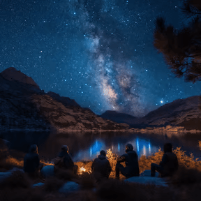 a group of people sitting around a campfire under the starry night sky of Geres
