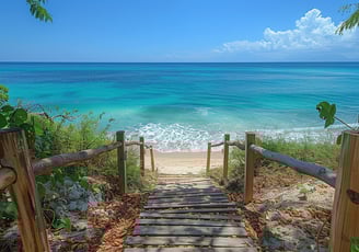 A wooden staircase leading to a beach A wooden staircase leading to a beach