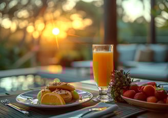 Plates of fresh fruits by the pool Plates of fresh fruits by the pool