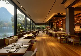 A restaurant with tables and a view of the water A restaurant with tables and a view of the water