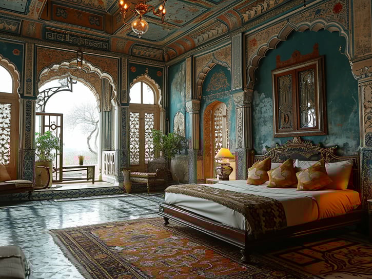 a spacious bedroom with a large window a spacious bedroom with a large window