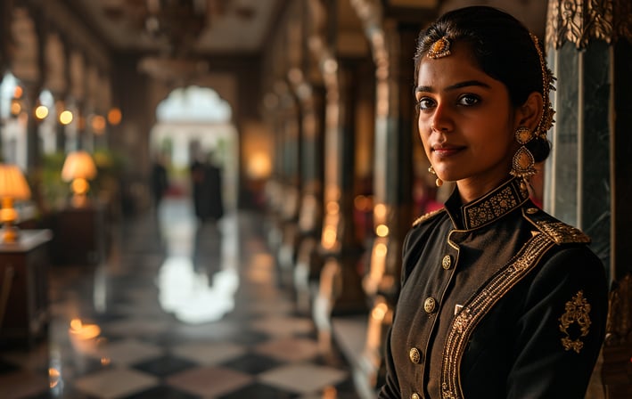 a female concierge welcoming guests to the hotel a female concierge welcoming guests to the hotel