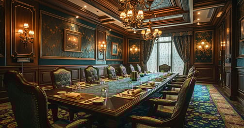 a large table set for a formal dinner and meeting