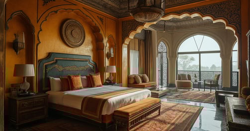 a bedroom with a large bed and a couch