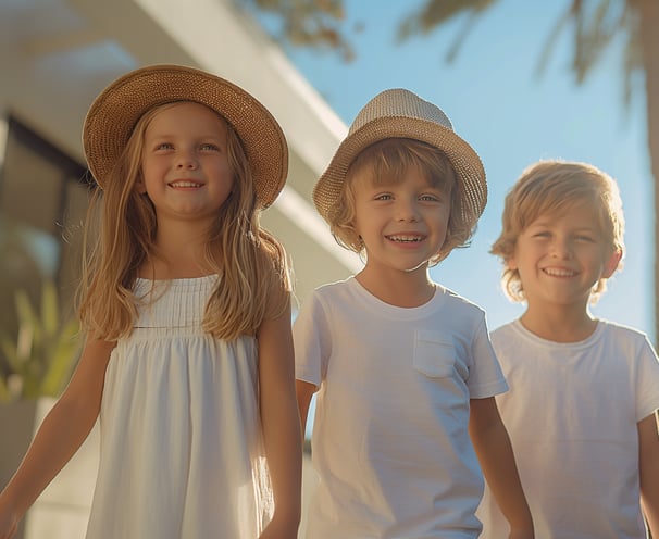 three children at a modern luxury villa three children at a modern luxury villa