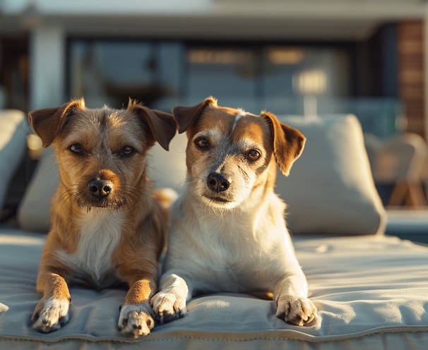 two dogs at the porch of a modern villa for rent two dogs at the porch of a modern villa for rent