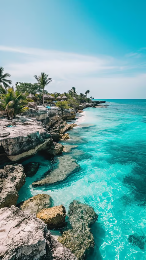 Turquoise ocean waters beside a rocky coast in playa del carmen Turquoise ocean waters beside a rocky coast in playa del carmen