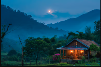 A secluded cottage in Vietnam at night.