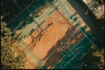 Players at a pickleball court, establishing shot.