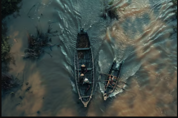 The murky waters of the Mekong Delta in Veitnam with boatmen treading it.