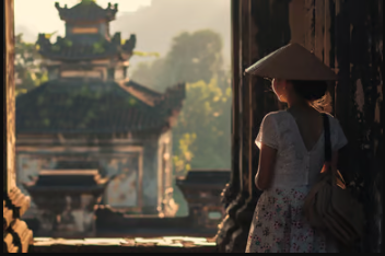 A lady tourist marveling the Khai Dinh Tomb in Vietnam in the afternoon.