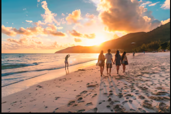 tourists walking the stretch of beach in Con Dao Islands, Vietnam at sunset. tourists walking the stretch of beach in Con Dao Islands, Vietnam at sunset.