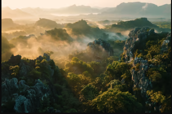 an aerial view of the Marble Mountains in Vietnam during the araly morning sunrise.