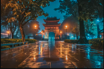 an establishing shot of the temple of literature in Hanoi, Vietnam at night.