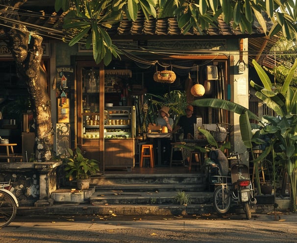 Cozy café scene capturing the laid-back, bohemian vibe of Canggu. Cozy café scene capturing the laid-back, bohemian vibe of Canggu.