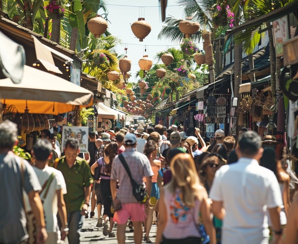 Bustling Seminyak shopping district with a mix of modern boutiques and traditional art galleries. Bustling Seminyak shopping district with a mix of modern boutiques and traditional art galleries.